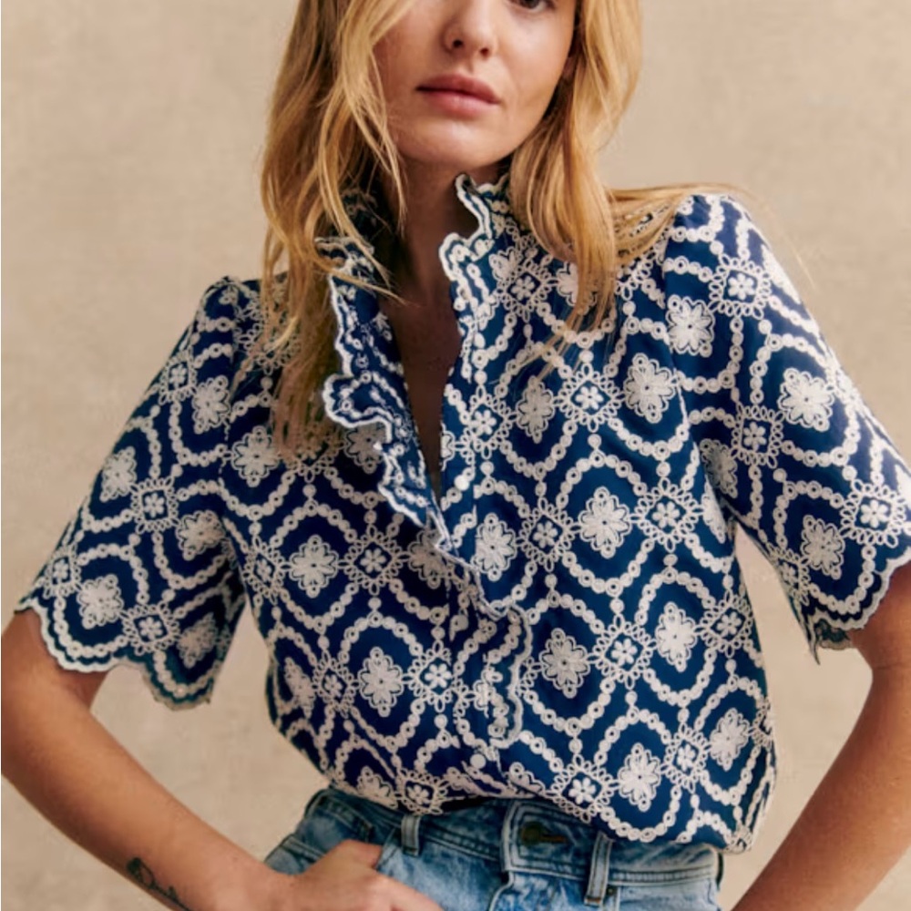 Sezane Dahlia Blue and White Embroidered Top